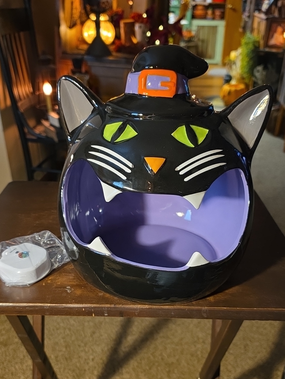 Black Cat Halloween Ceramic Cat Bed - Purple Interior